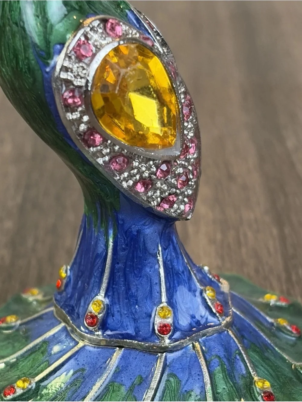 Enamel & Rhinestone Hinged Peacock Jewelry Pill Trinket Box Magnetic Metal